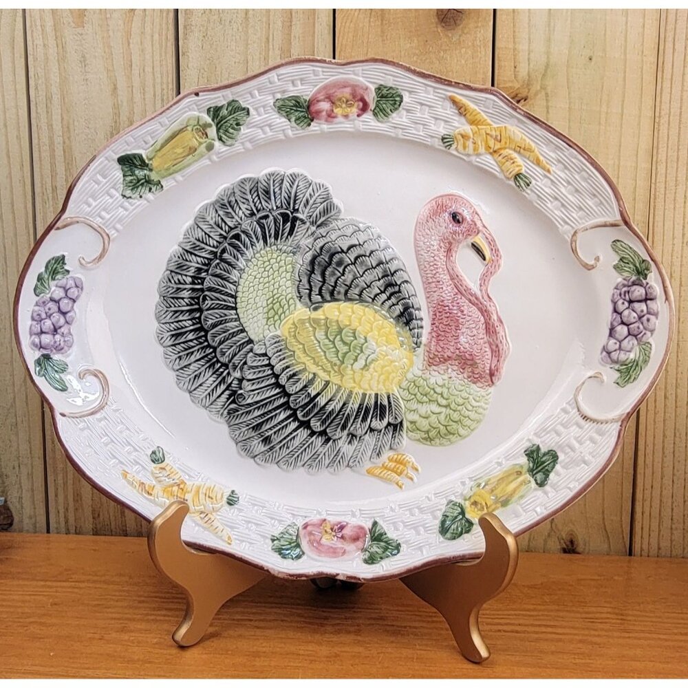 Vintage 1960's California Pottery Hand Painted Turkey Serving Platter